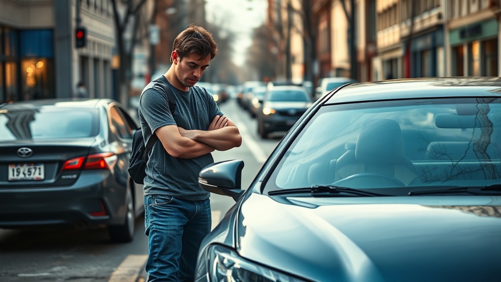 도로 위에서 가벼운 접촉 사고 후 당황하여 어딘가로 전화하는 운전자의 모습