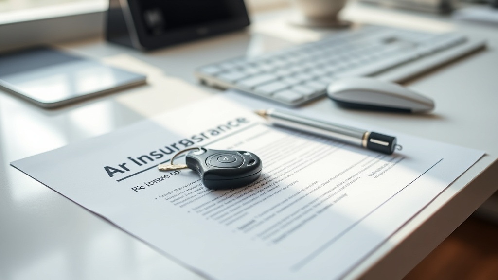 책상 위에 놓인 자동차 보험 증권과 차 키를 살펴보며 갱신을 준비하는 모습