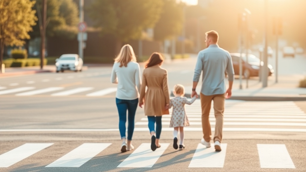 보행 중인 가족의 안전을 지켜주는 보험의 역할을 상징하는 따뜻한 분위기의 이미지