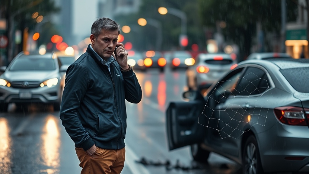 교통사고 현장에서 보험 처리를 고민하는 운전자의 모습과 안전망을 상징하는 이미지